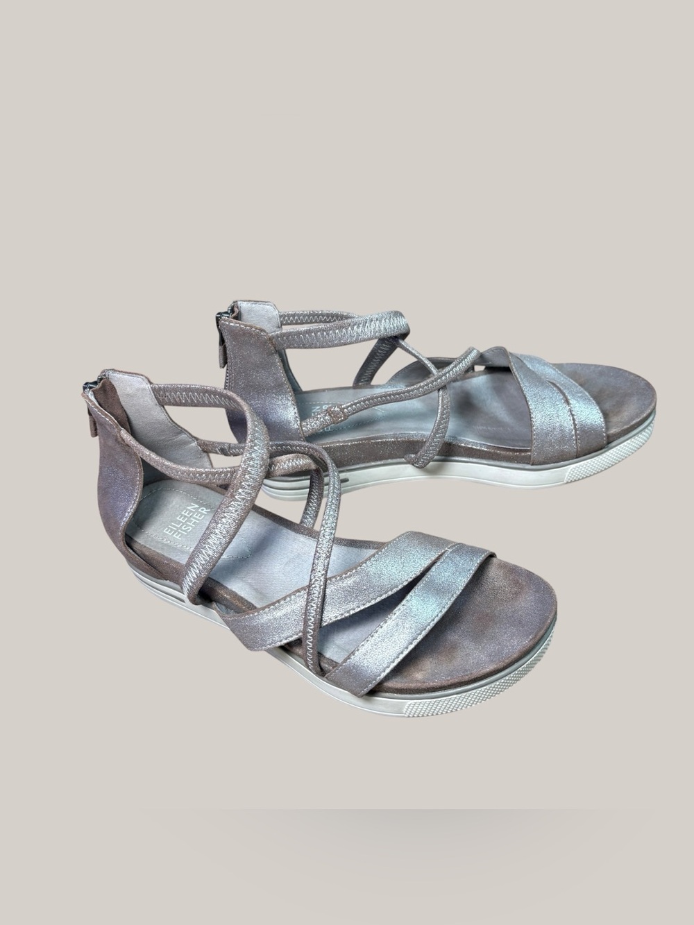 Eileen Fisher Metallic Leather Strappy Platform Sandals Women's Size 6‎ Back Zip